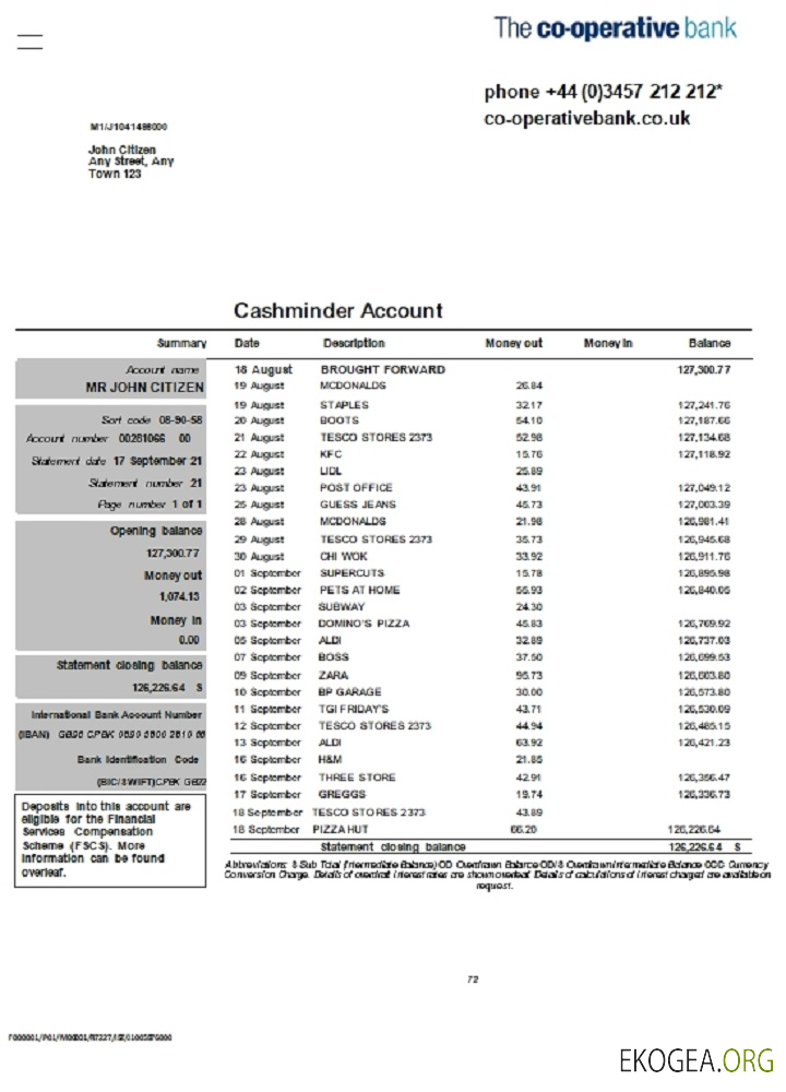 Royaume Uni Relevé bancaire de la Co operative au format Word et PDF